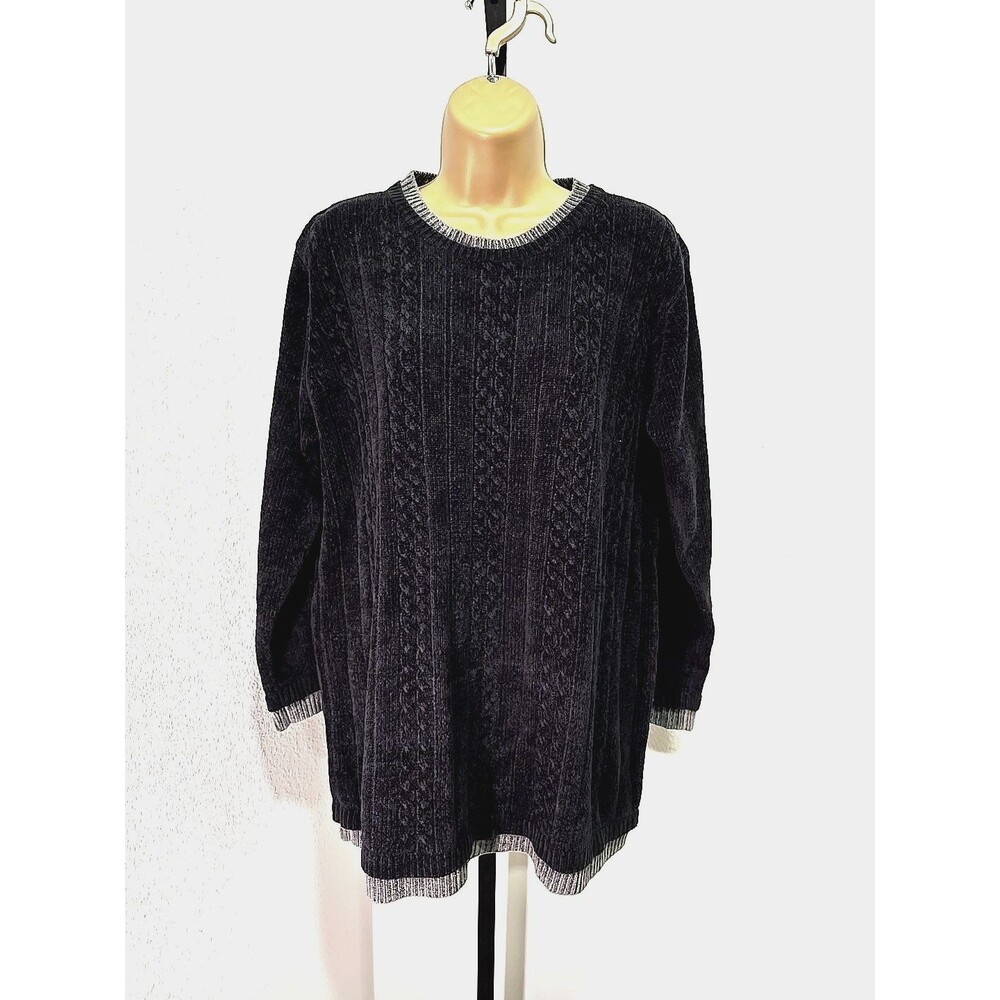 Black Cable Knit Chenille Pullover Sweater Womens Med Crew Neck Chunky Cozy Warm
